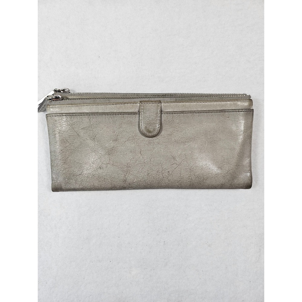 Hobo International Distressed Grey Leather Zip Clutch Wallet Geometric lining